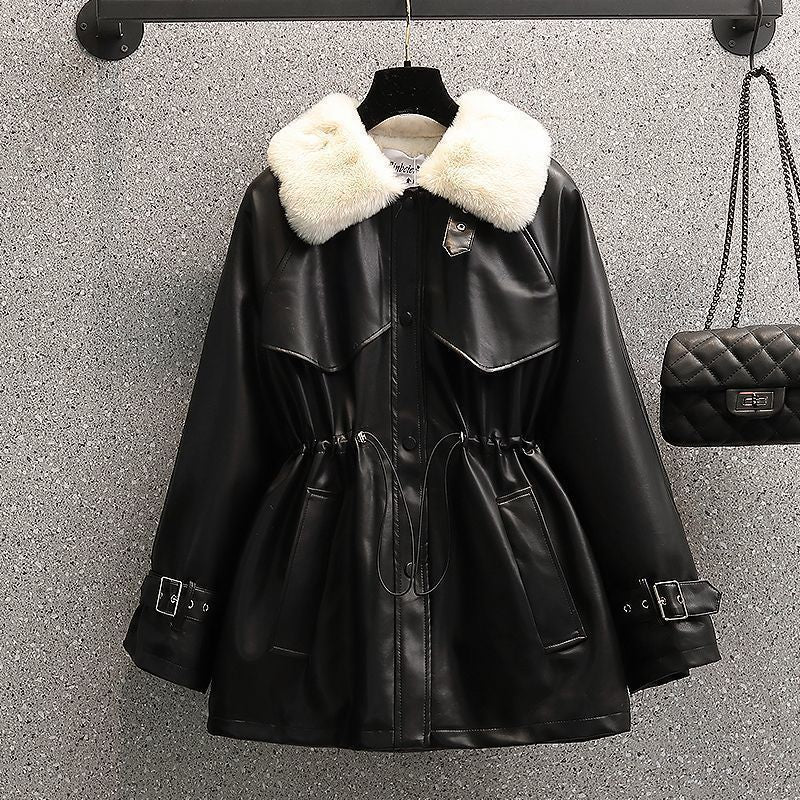 Plus Size Women's Winter Fashion Temperament Waist-controlled Fleece-lined Leather Coat