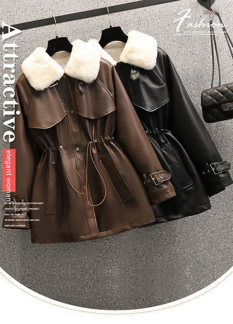 Plus Size Women's Winter Fashion Temperament Waist-controlled Fleece-lined Leather Coat