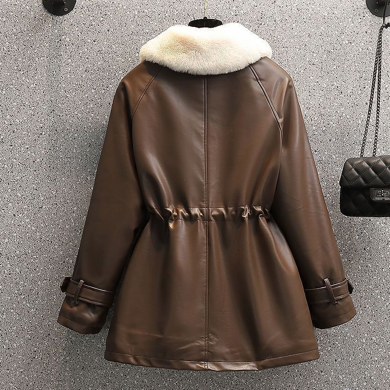 Plus Size Women's Winter Fashion Temperament Waist-controlled Fleece-lined Leather Coat